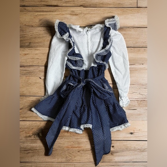 Vintage Handmade Baby Girls 12 Month* Blue Ruffled A-Line Polka Dot Dresses Lot - Picture 3 of 9